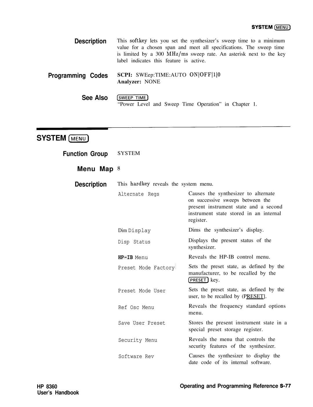 HP 8360 manual System, Operating and Programming Reference S-77 