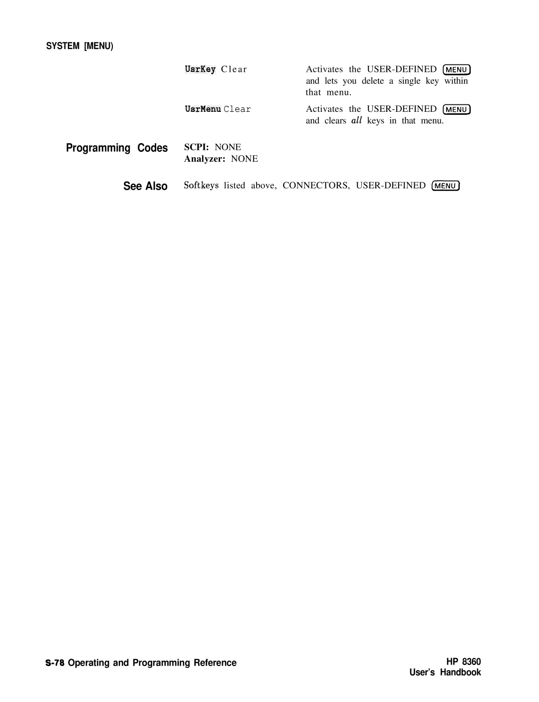 HP 8360 manual UsrMenu Clear 