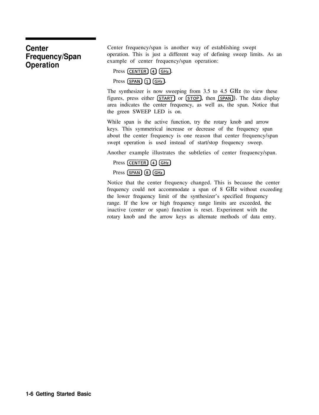 HP 8360 manual Center Frequency/Span Operation 