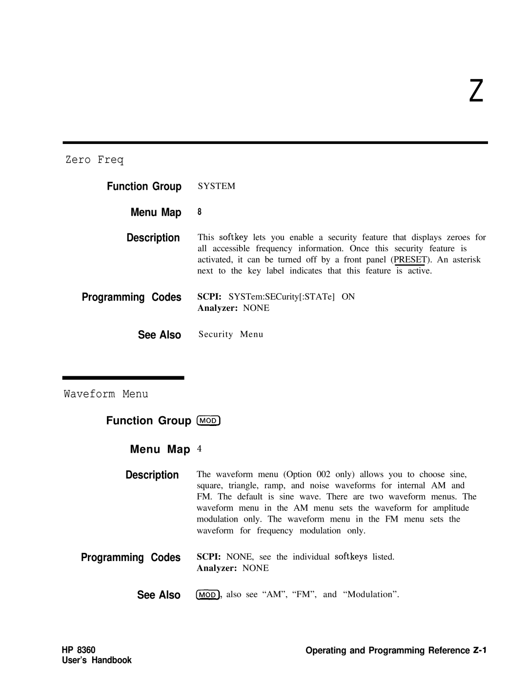 HP 8360 manual Zero Freq, Waveform Menu, Function Group Lmod Menu Map 