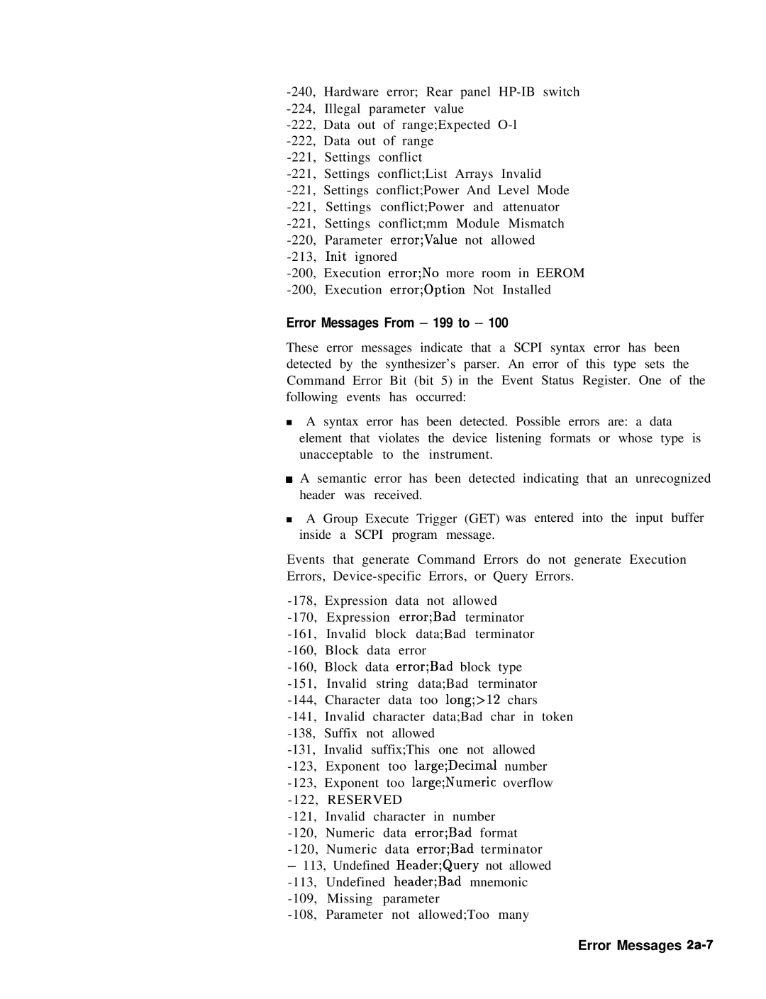 HP 8360 manual Error Messages From 199 to, Error Messages 2a-7 