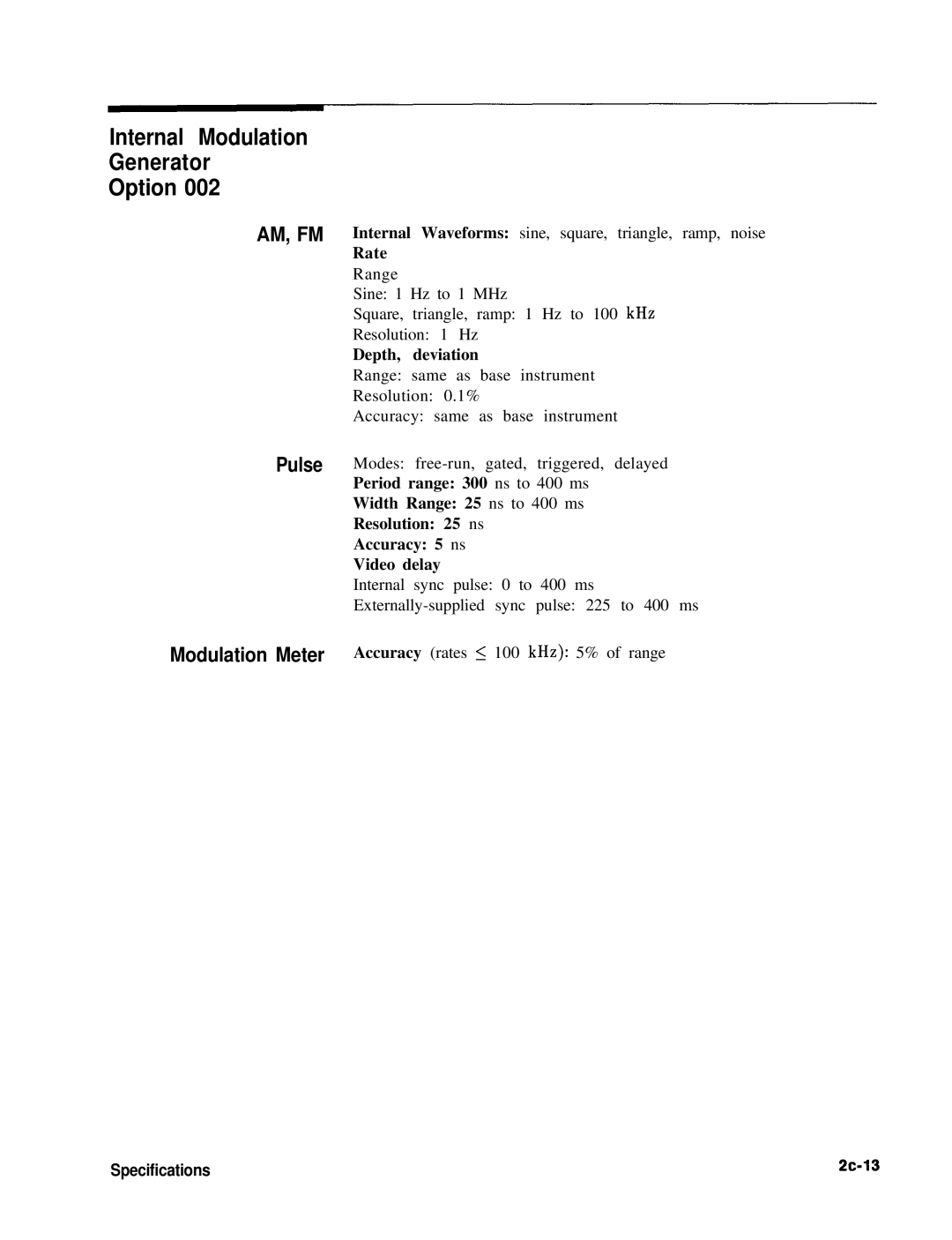 HP 8360 manual Internal Modulation Generator Option, Pulse Modulation Meter, Specifications 2013 