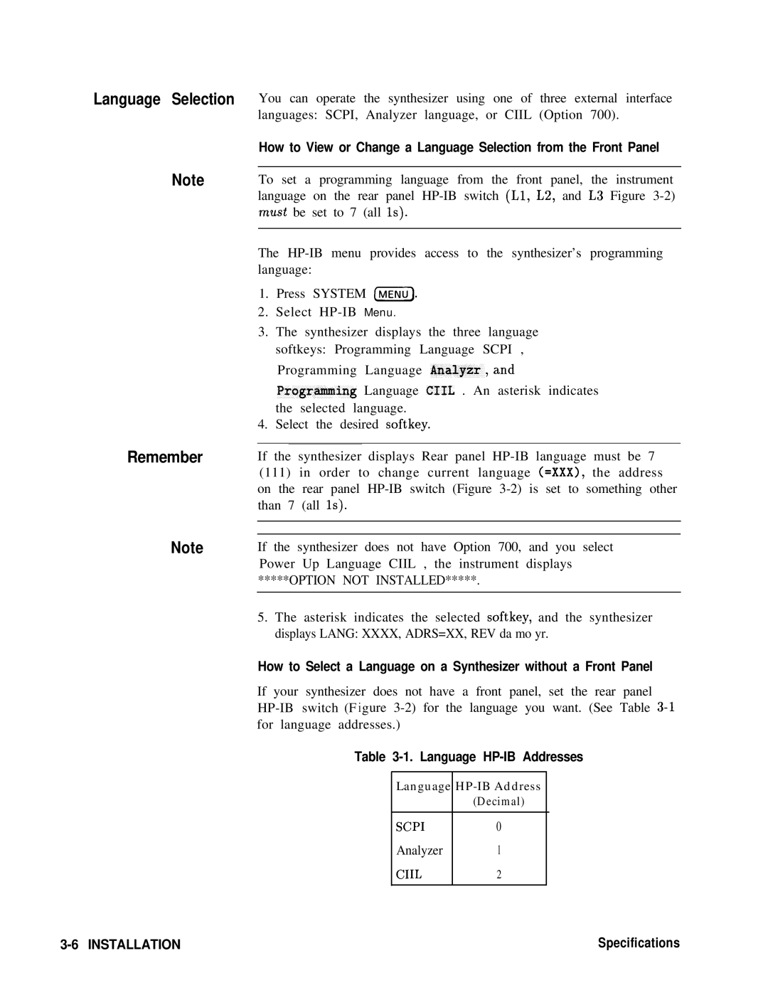 HP 8360 manual Language Selection Remember, Option not Installed, Language HP-IB Addresses 