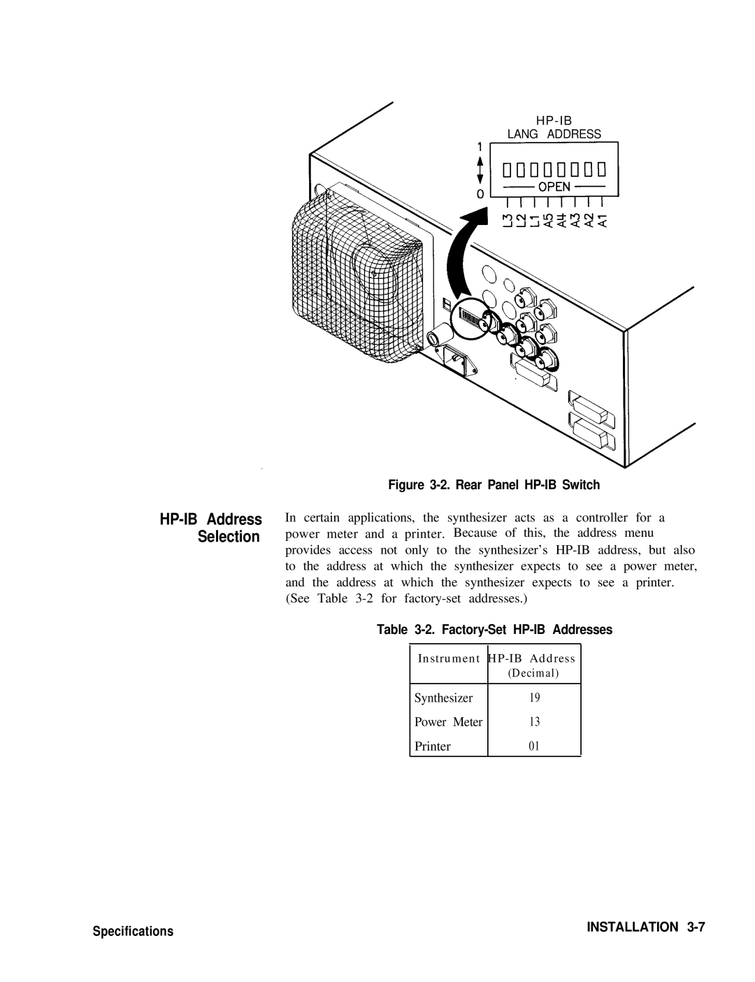 HP 8360 manual HP-IB Address Selection, Factory-Set HP-IB Addresses 