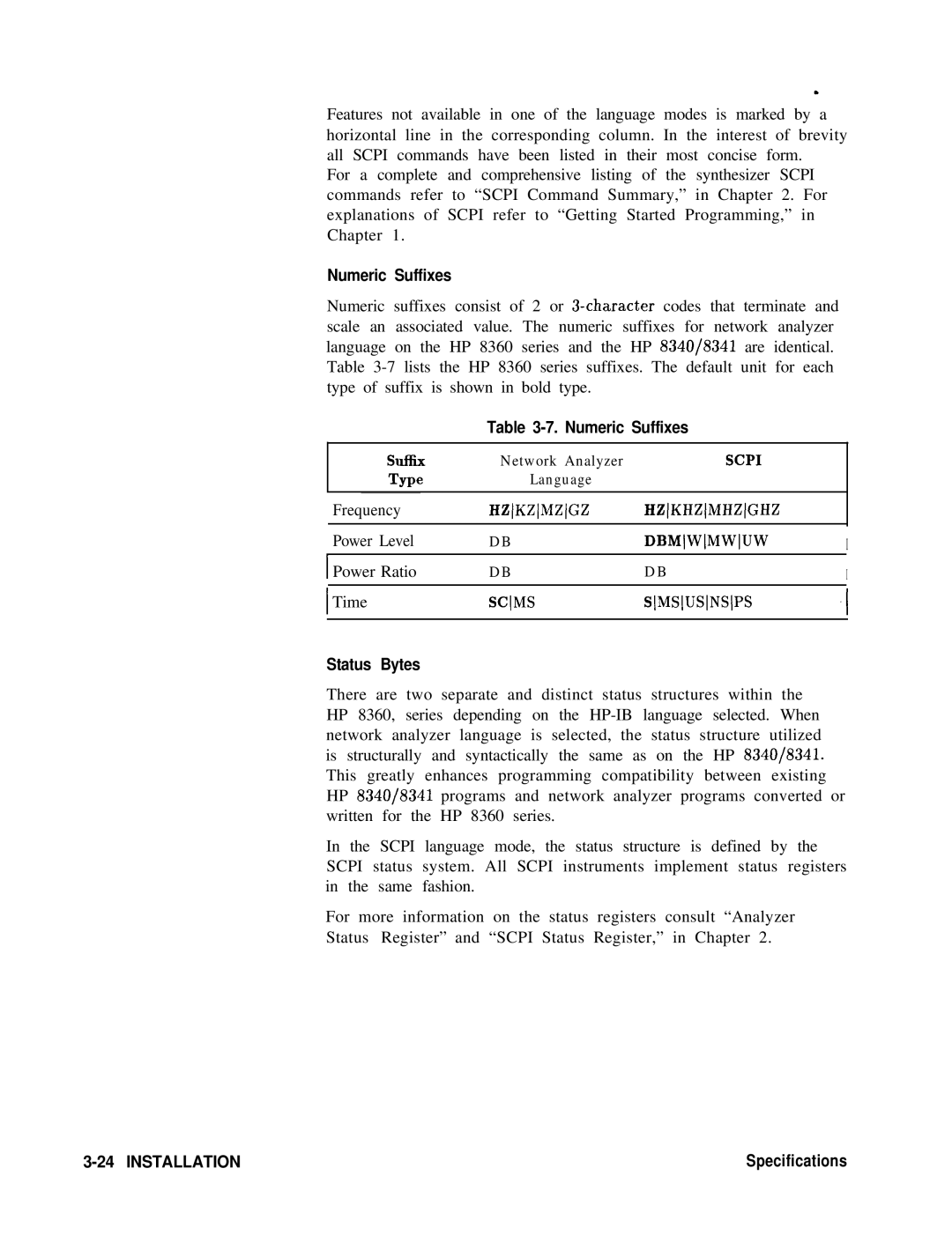 HP 8360 manual Numeric Suffixes Sllsx, Hzkhzmhzghz, Scms, Status Bytes 