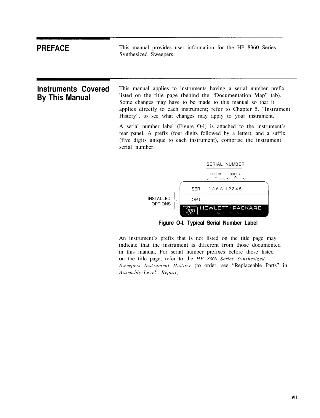 HP 8360 manual Figure O-l. Typical Serial Number Label, Vii 