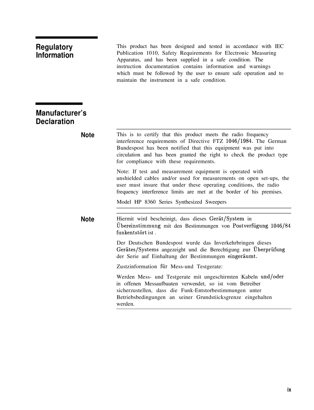 HP 8360 manual Regulatory Information, Manufacturer’s Declaration 