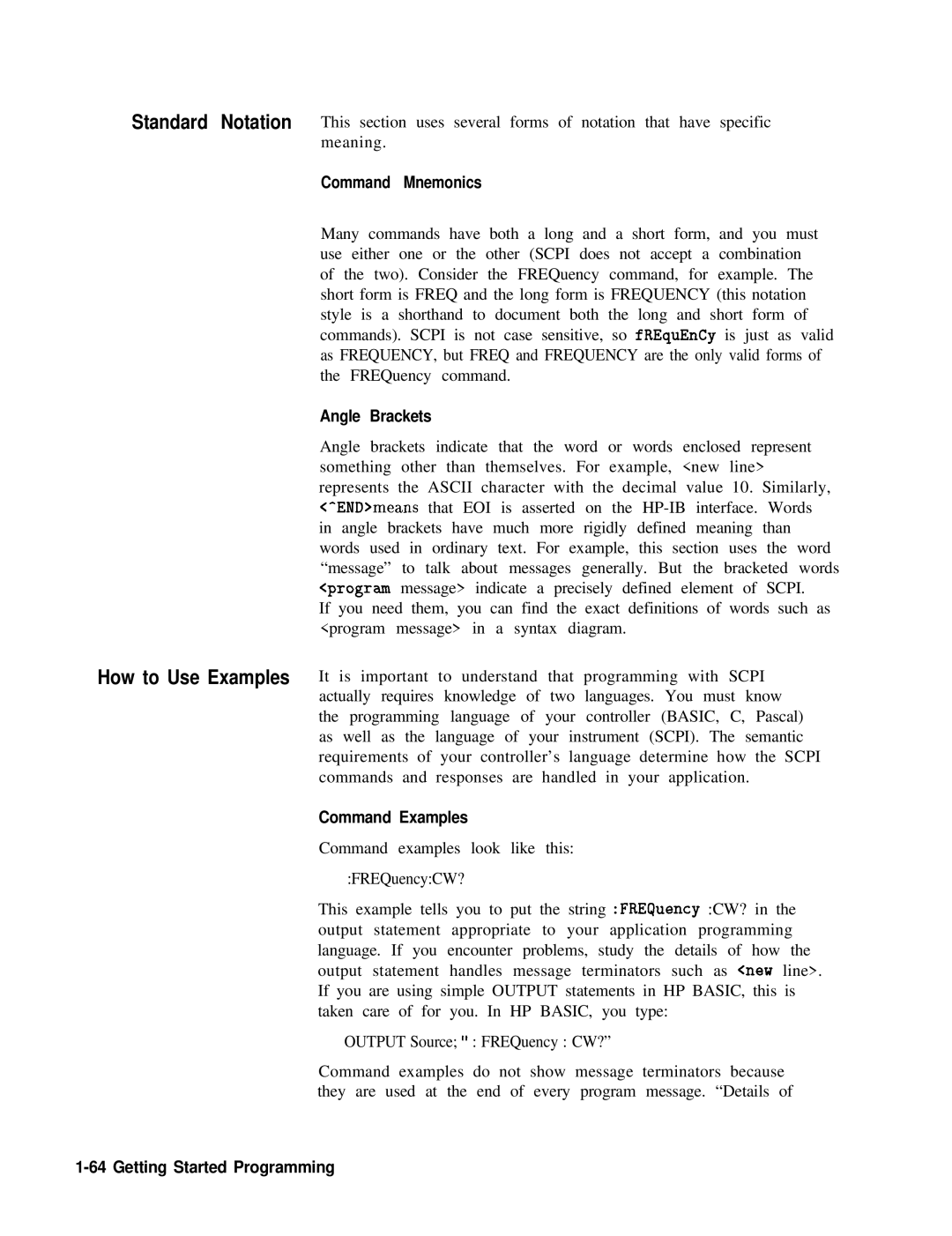 HP 8360 manual Command Mnemonics, Angle Brackets, Command Examples 