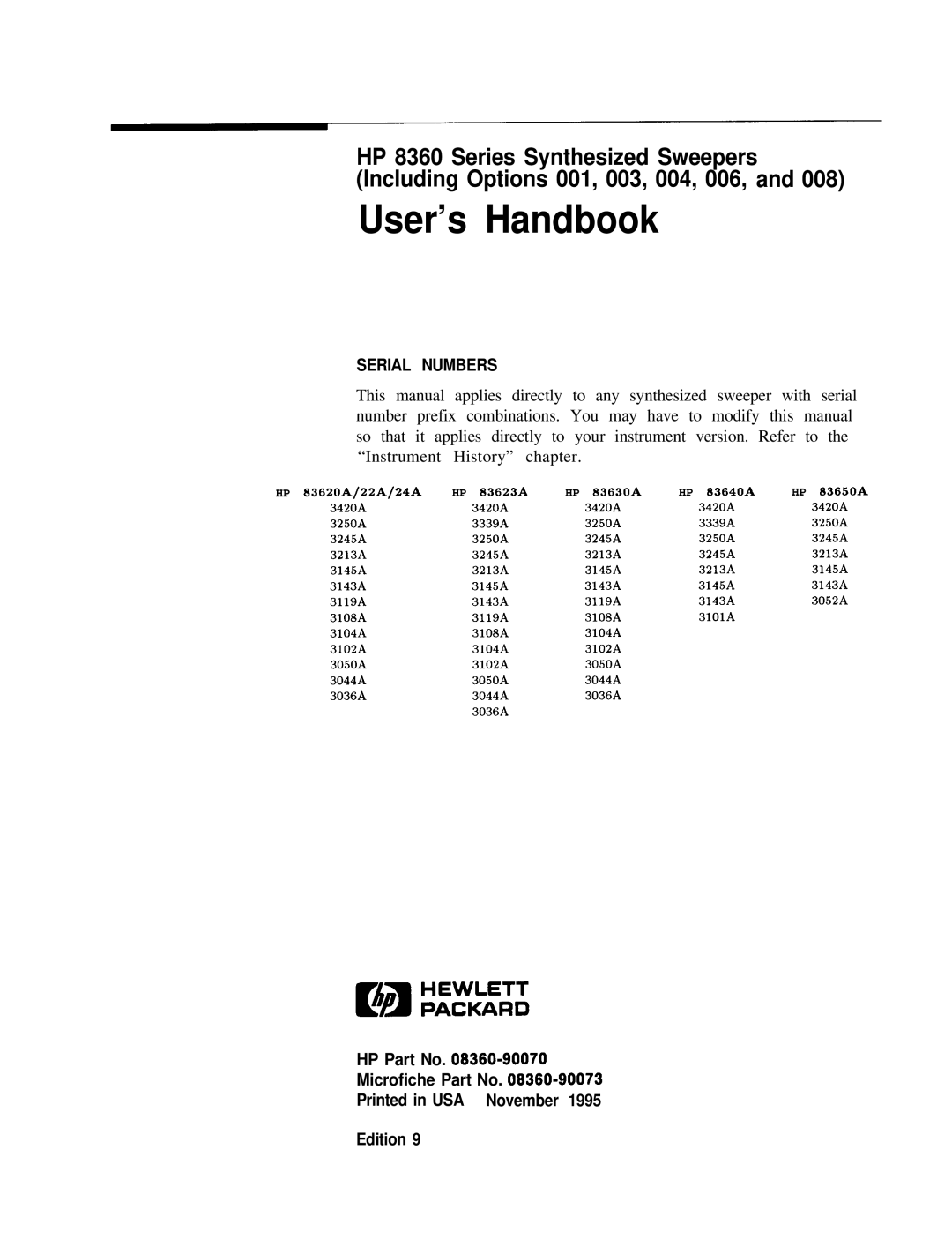 HP 8360 manual User’s Handbook, HP Part No Microfiche Part No Edition 