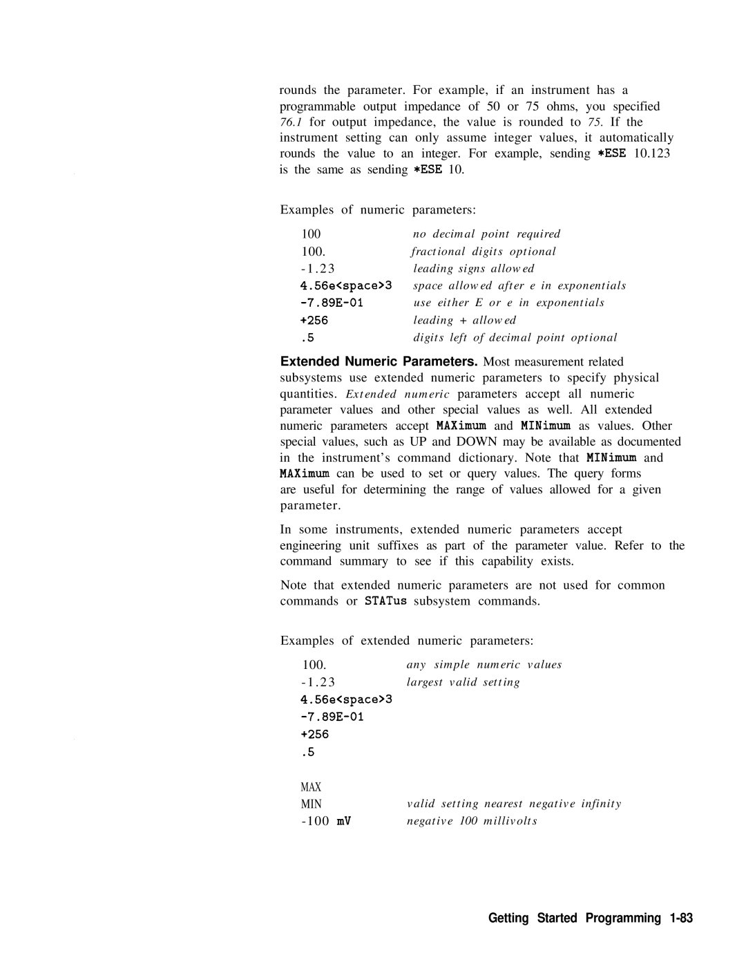 HP 8360 manual Examples of numeric Parameters 100 