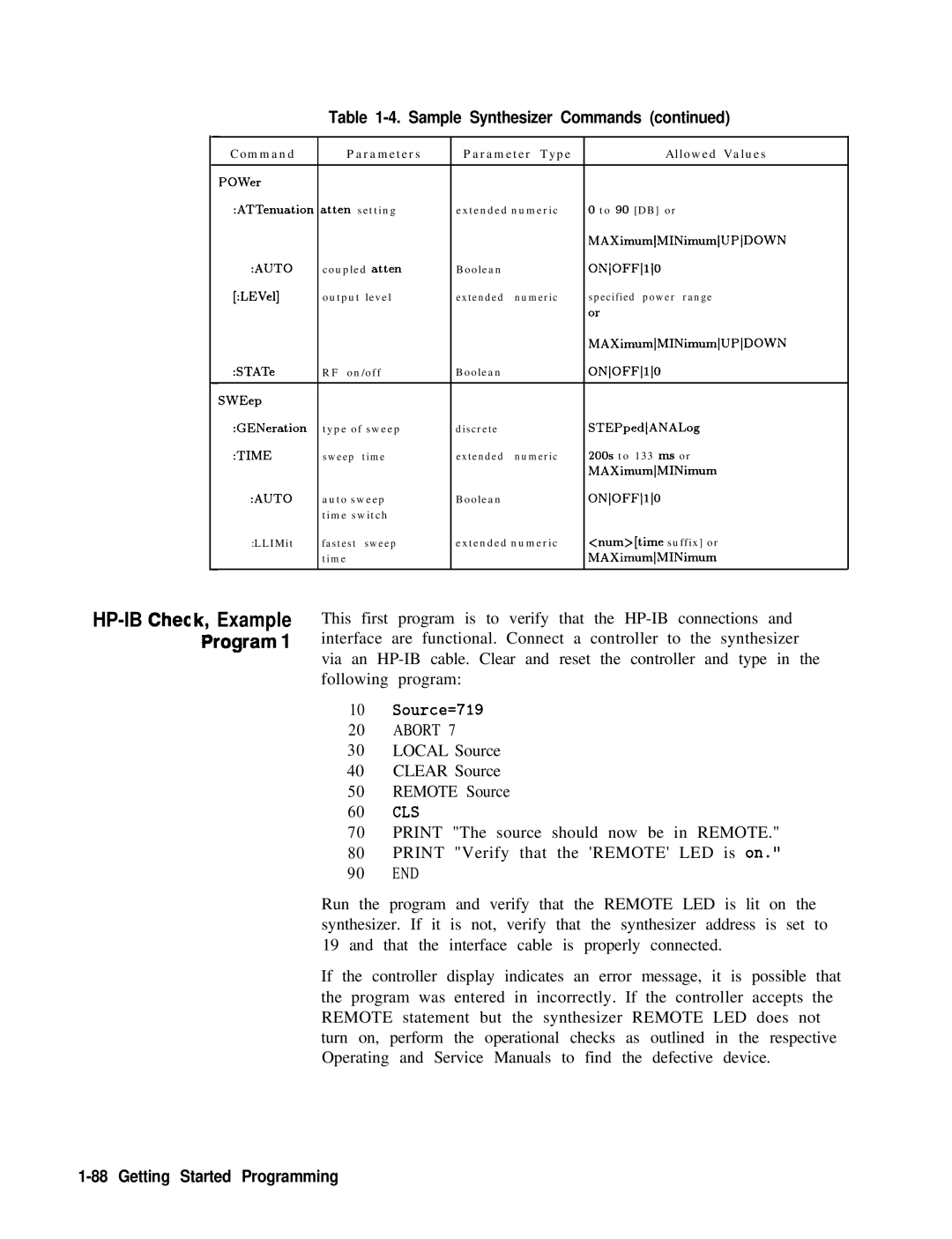 HP 8360 manual HP-IB Chec Example lrogram, Command Parameters Parameter Type Allowed Values POWer 