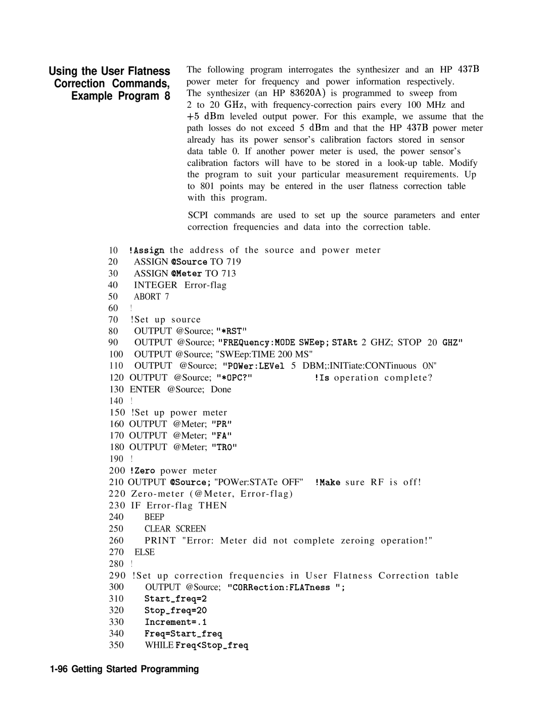 HP 8360 manual Using the User Flatness Correction Commands Example Program, Clear Screen 