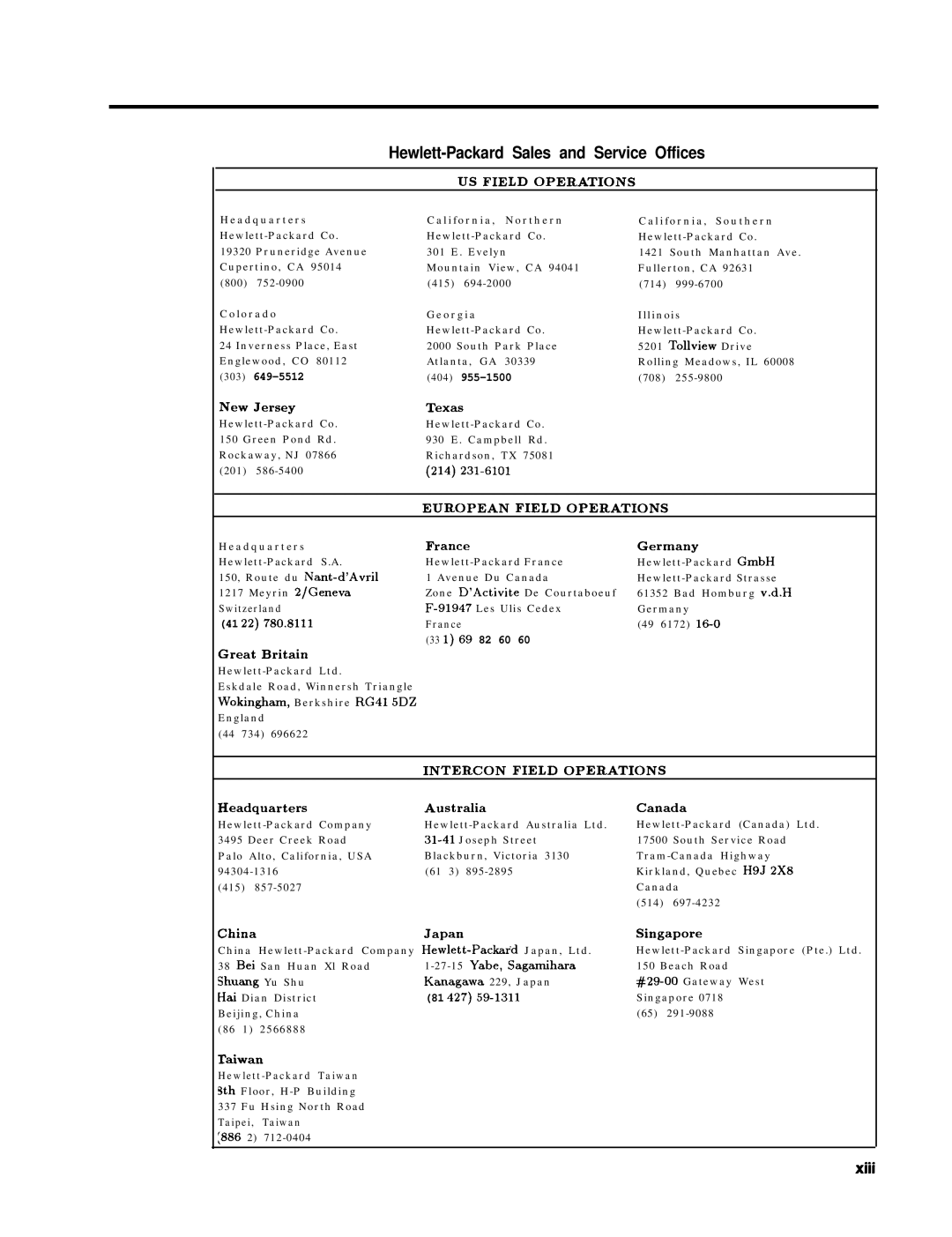 HP 8360 manual Hewlett-Packard Sales and Service Offices, US Field Operations 