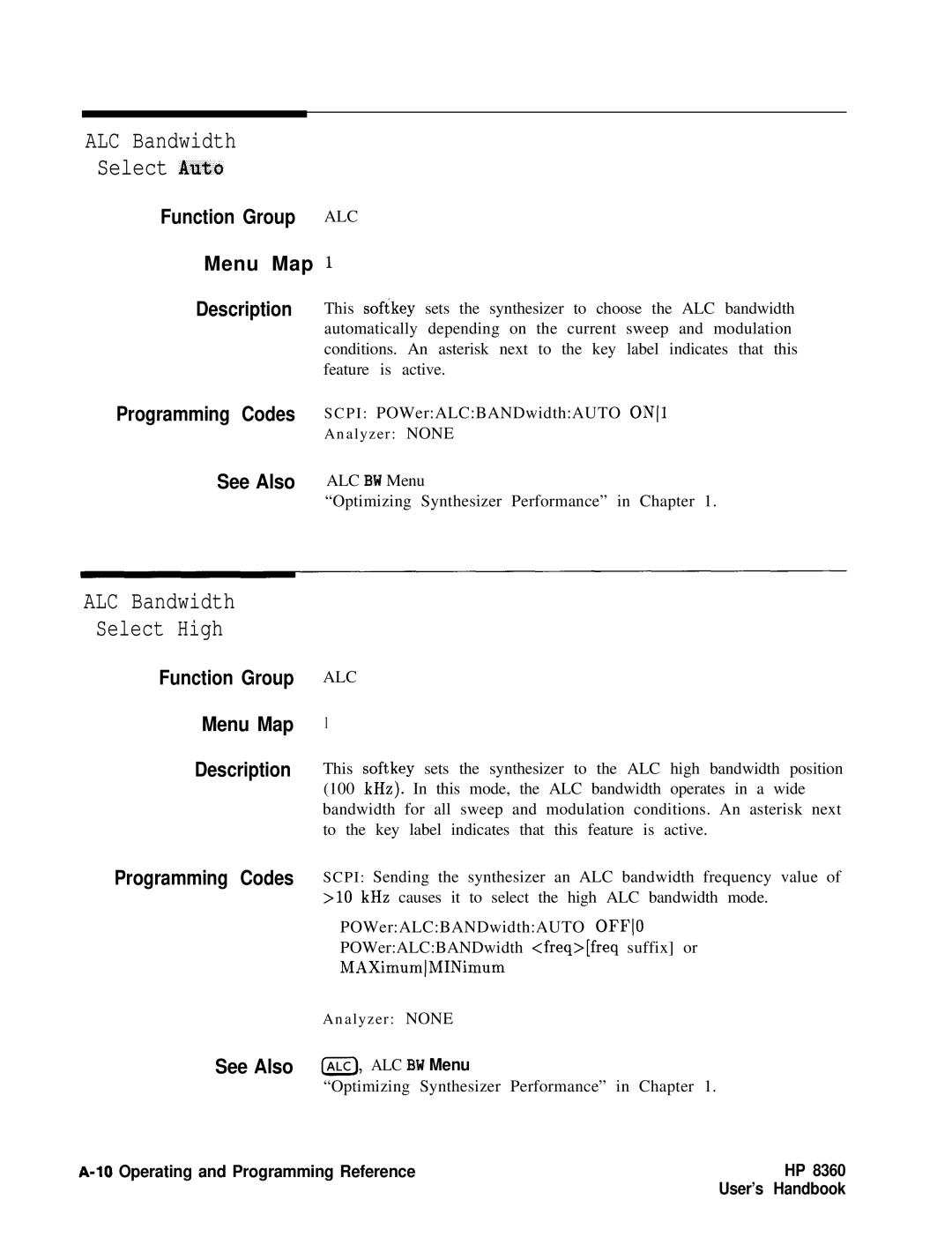 HP 8360 manual ALC Bandwidth Select Auto, See Also ALC, ALC BW Menu 