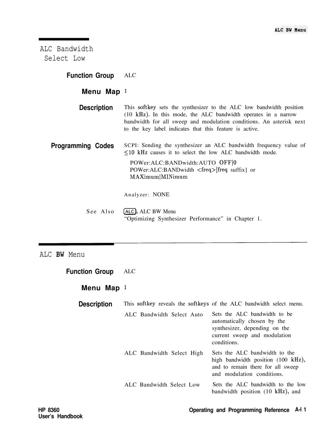 HP 8360 manual ALC Bandwidth Select Low 