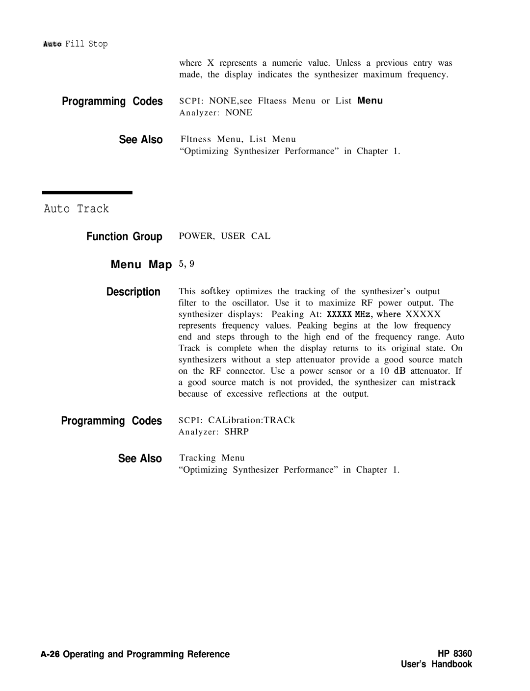 HP 8360 manual Function Group POWER, User CAL Menu Map 5,9, Programming Codes Scpi CALibrationTRACk 