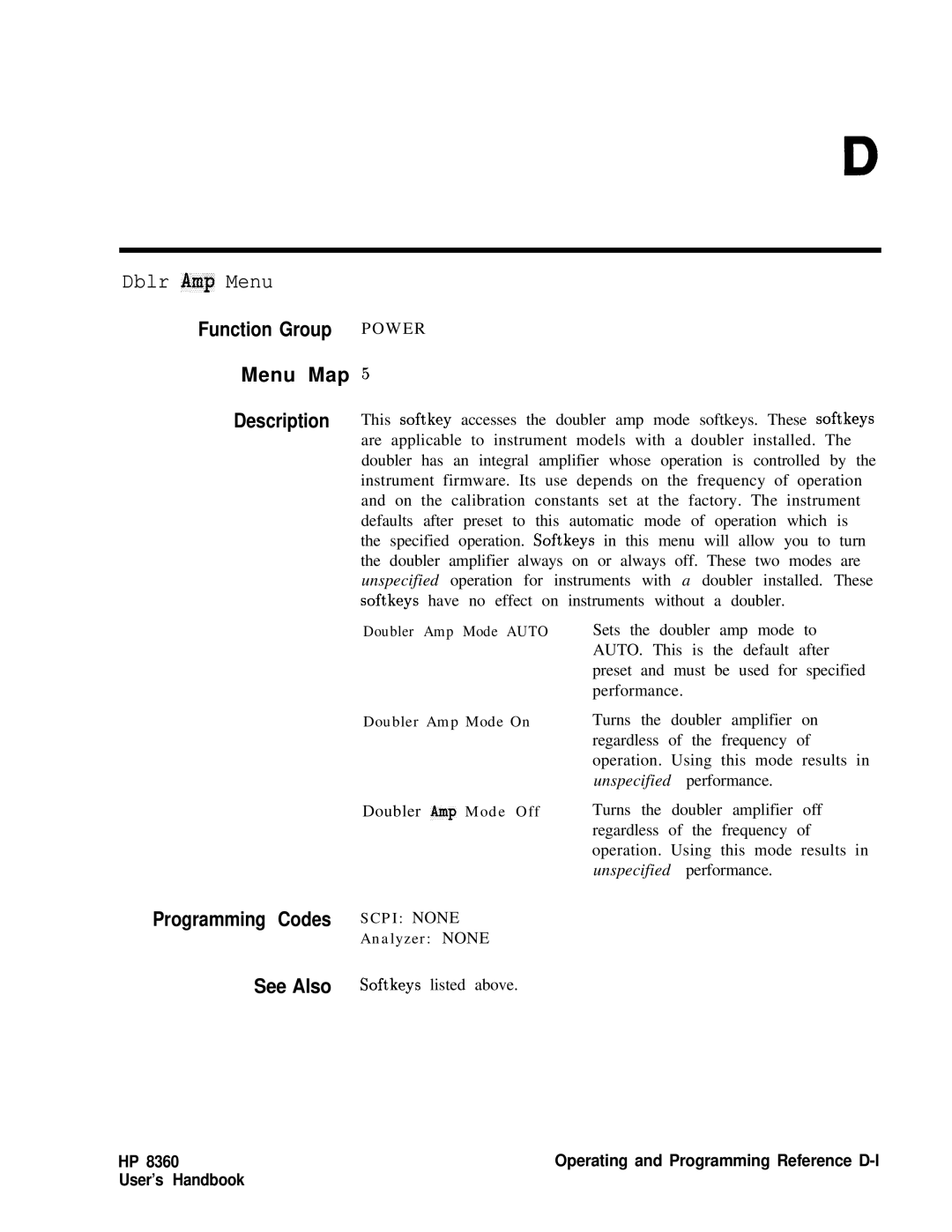 HP 8360 manual Dblr Amp Menu, Programming Codes Scpi None 