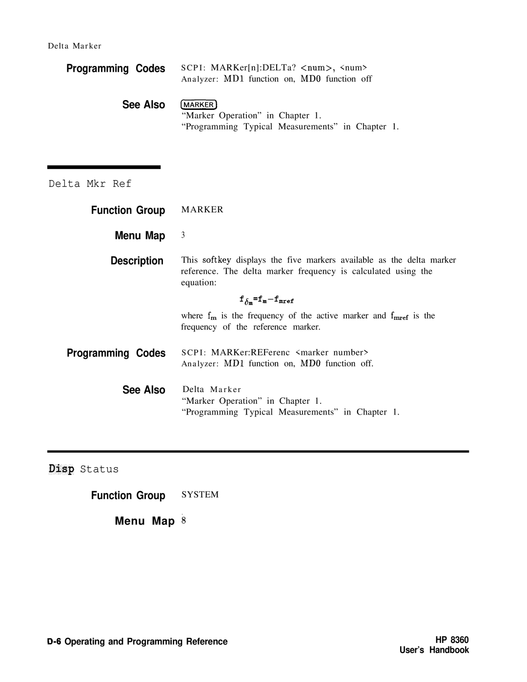 HP 8360 manual Delta Mkr Ref, Disp Status, Function Group System Menu Map k, Marker 