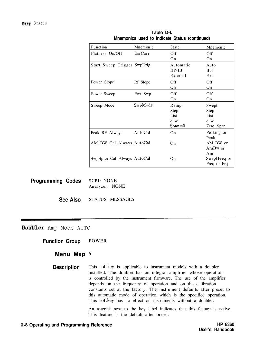 HP 8360 manual Daubler Amp Mode Auto, Function Group Power Menu Map, Table D-l Mnemonics used to Indicate Status 