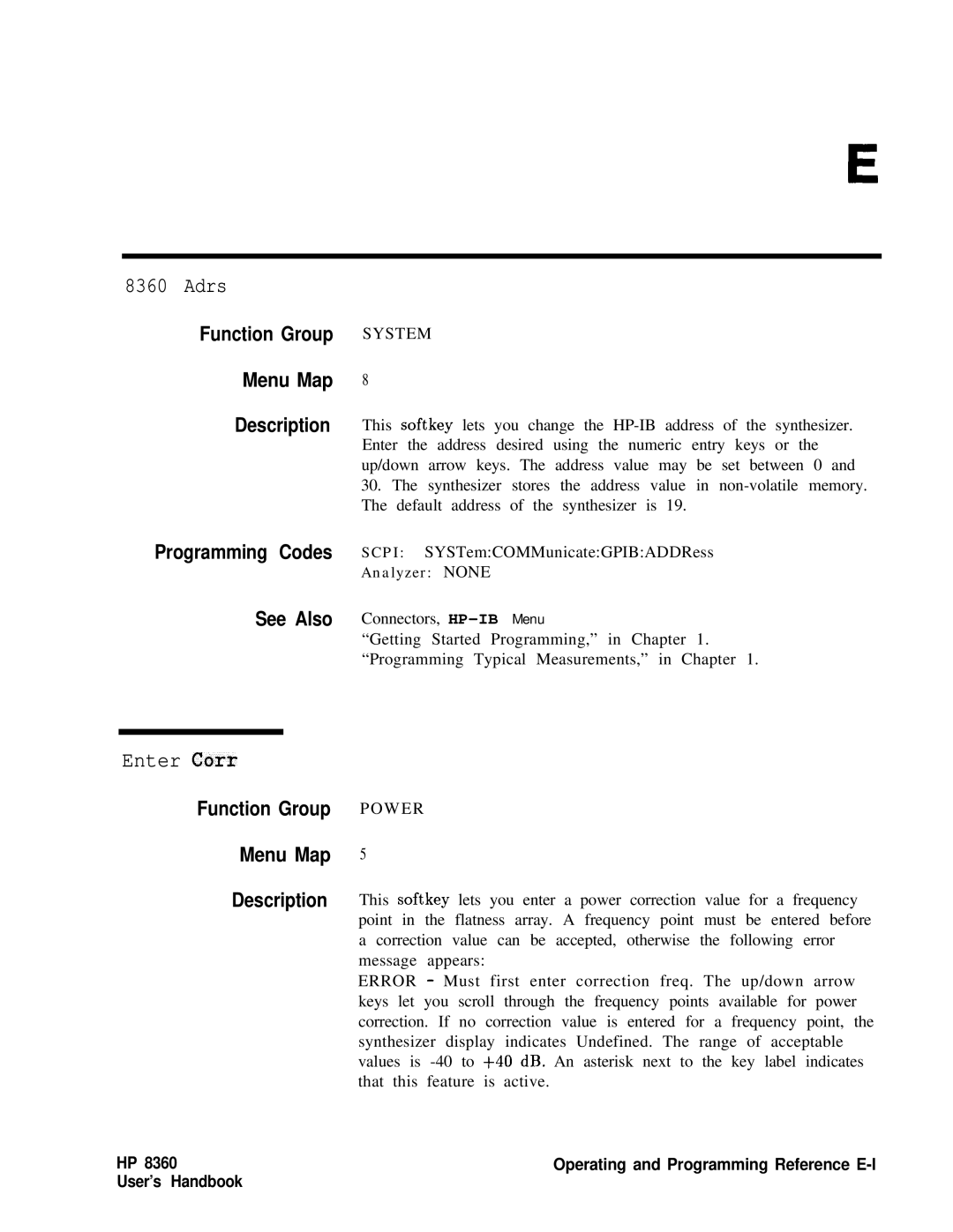 HP 8360 manual Adrs, Enter Corr, System 