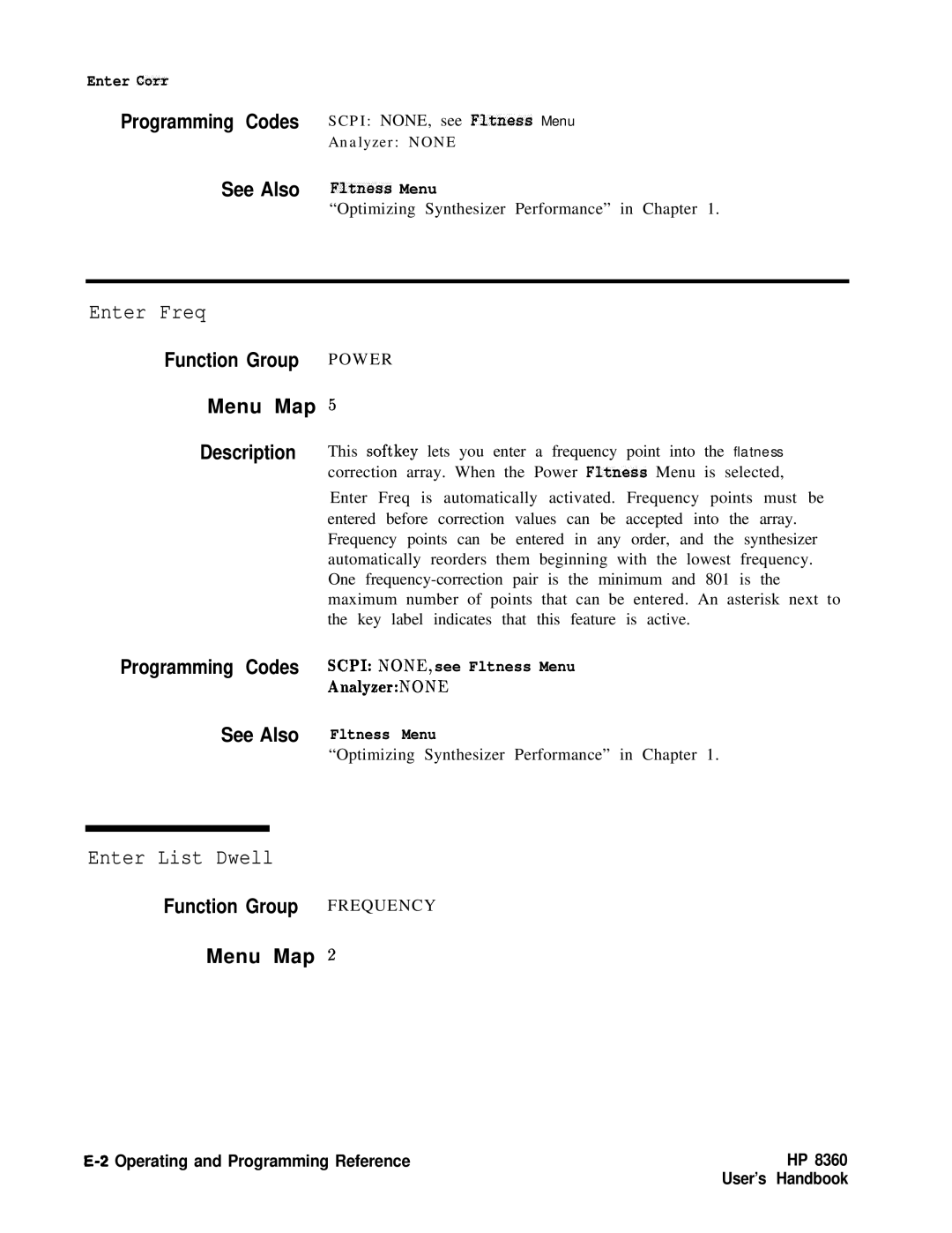 HP 8360 manual Enter Freq, Enter List Dwell, Programming Codes Scpi NONE, see Fitness Menu 
