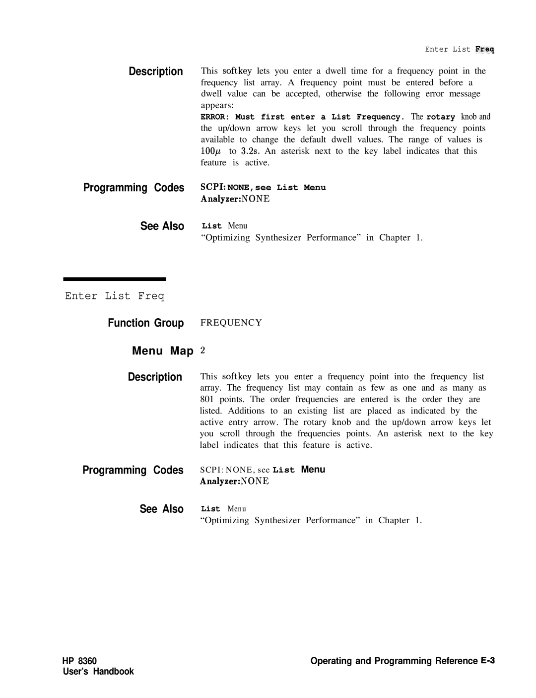 HP 8360 manual Enter List Freq, Description Programming Codes See Also, Programming Codes Scpi NONE, see List Menu 