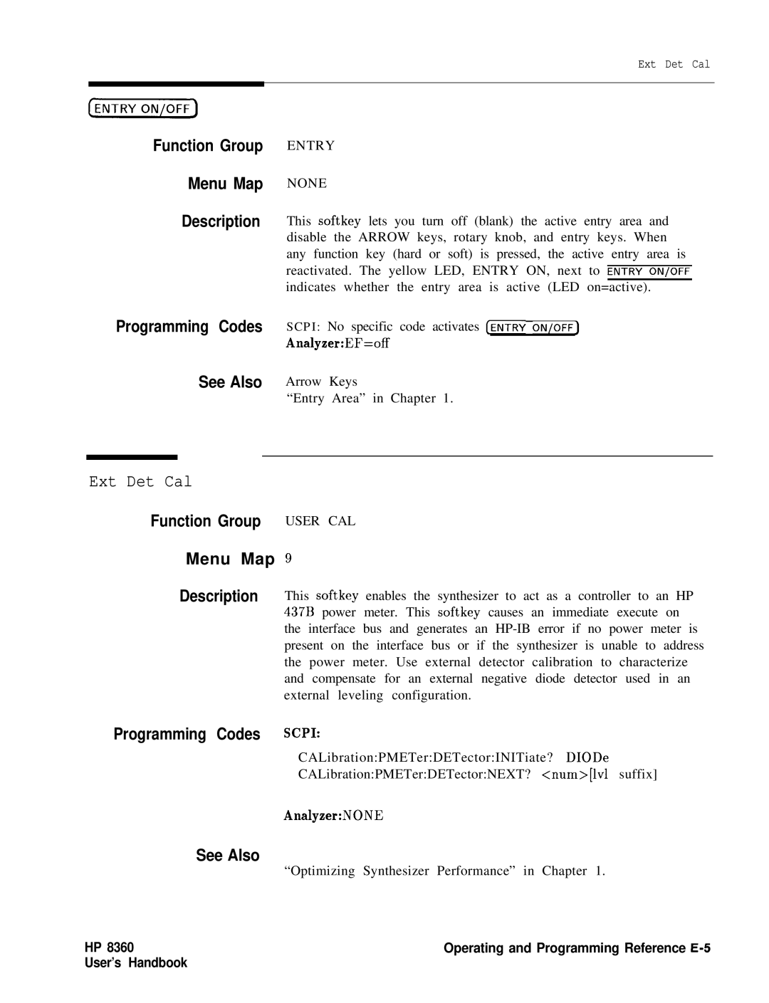 HP 8360 manual Ext Det Cal, Entry None 