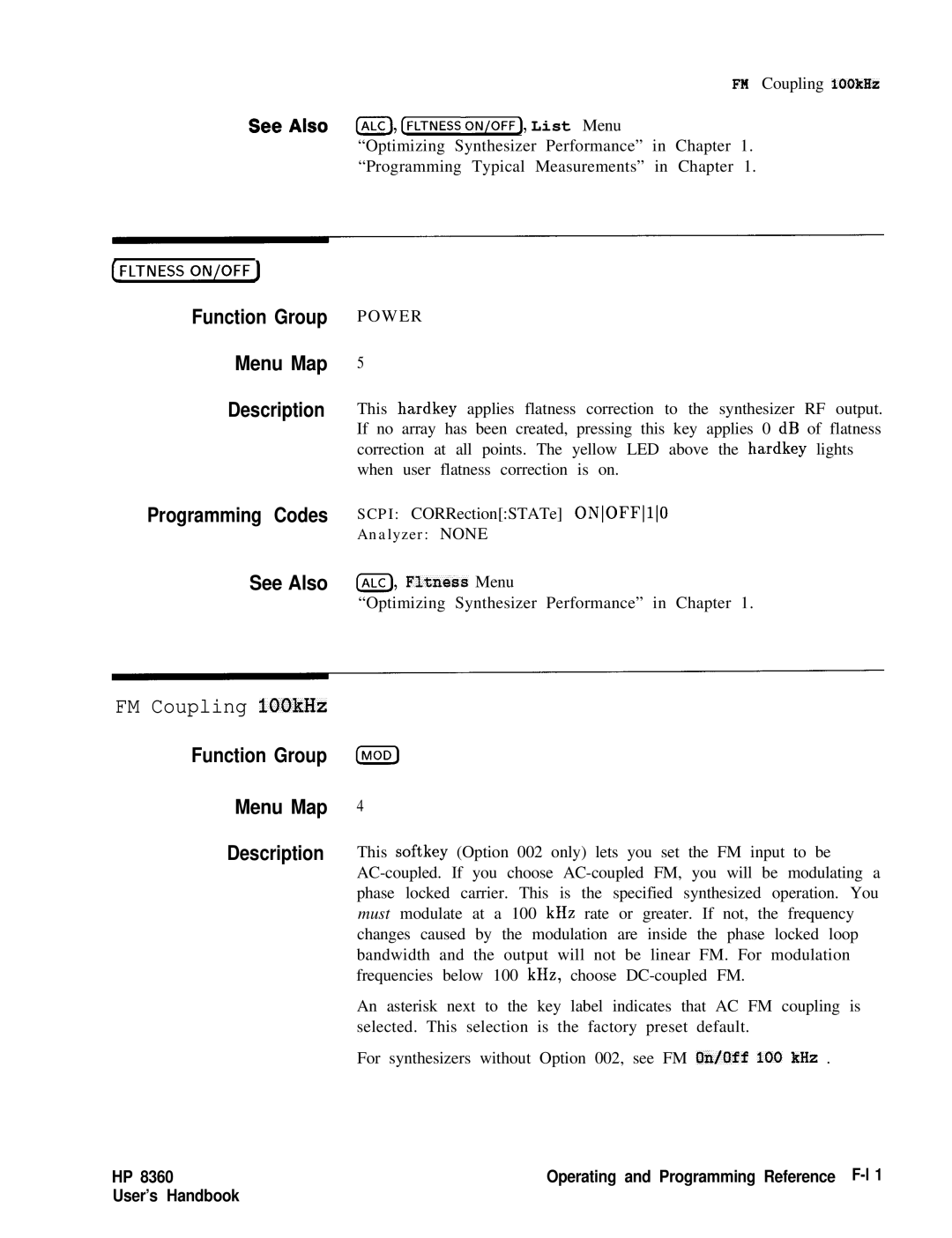 HP 8360 manual FM Coupling 1OOkHz, Function Group Menu Map Description 