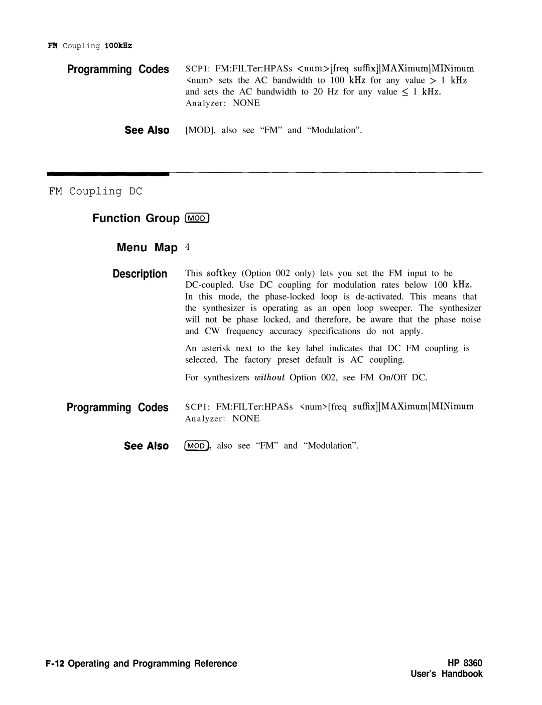 HP 8360 manual FM Coupling DC, Function Group MOD Menu Map 