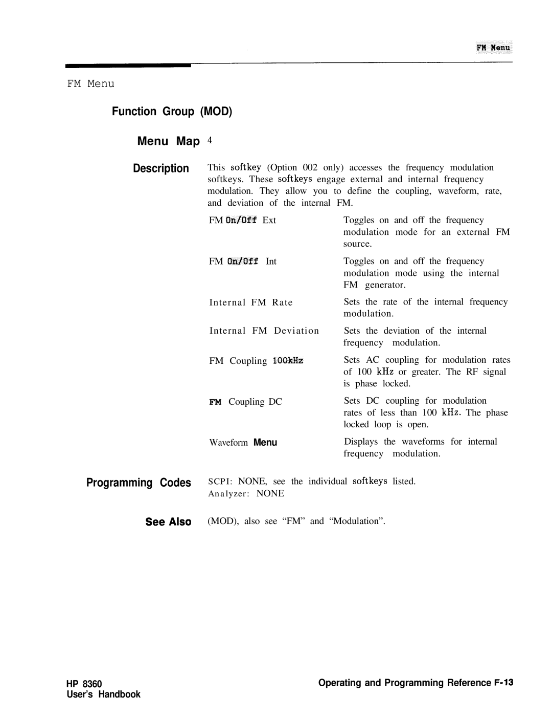 HP 8360 manual FM Menu, FM adaff 