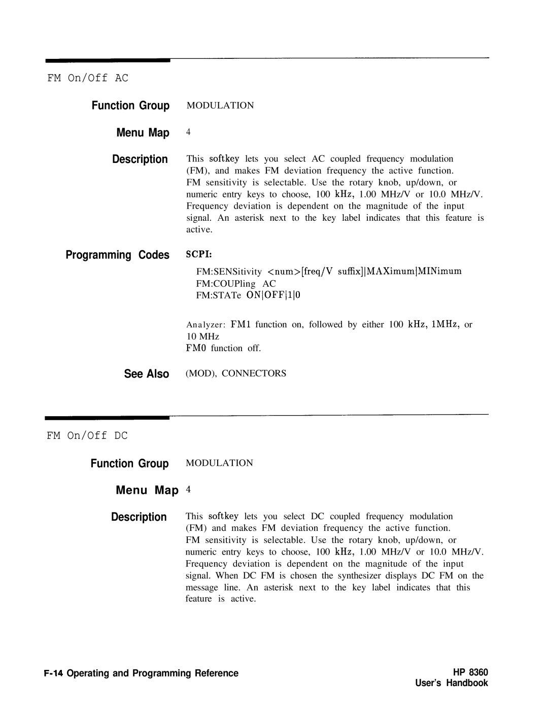 HP 8360 manual FM On/Off AC, FM On/Off DC, Modulation, MOD, Connectors 