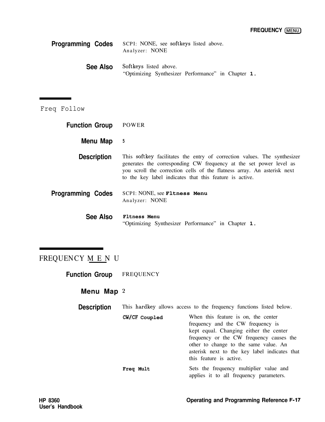 HP 8360 manual Freq Follow, Frequency Menu 