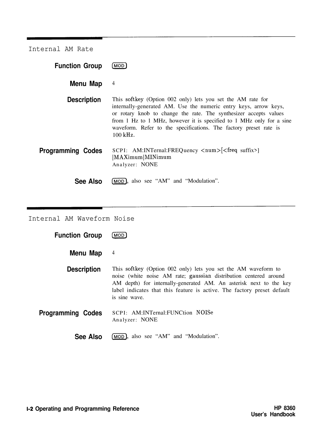 HP 8360 manual Internal AM Rate, Internal AM Waveform Noise 