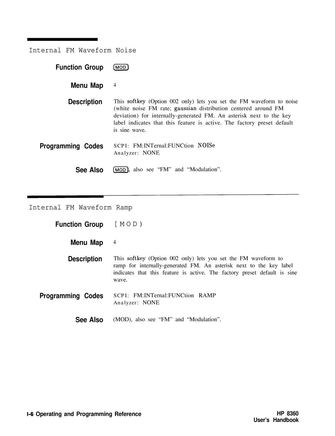 HP 8360 manual Noise, Ramp, Function Group, Menu Map Description 