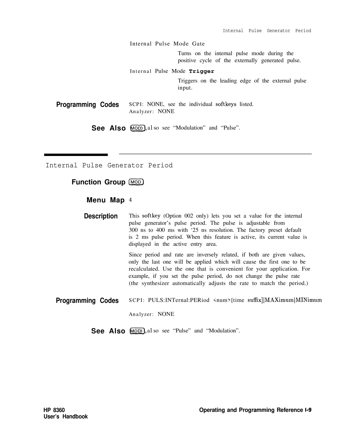 HP 8360 manual Internal Pulse Generator Period, Function Group Iniod Menu Map 