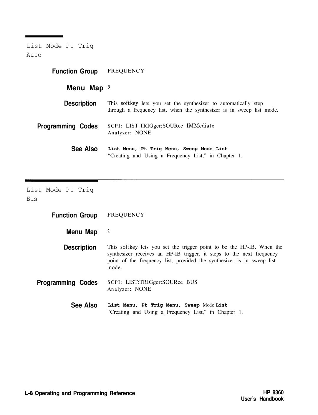 HP 8360 manual List Mode Pt Trig Auto, List Mode Pt Trig Bus 