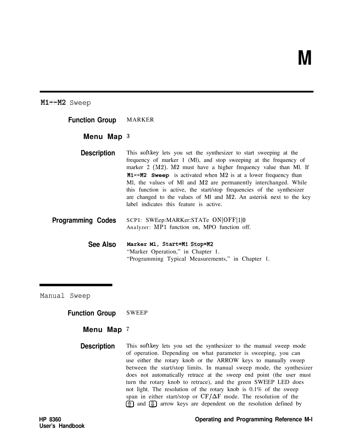 HP 8360 manual Ml--M2 Sweep, Manual Sweep, Function Group Sweep Menu Map 