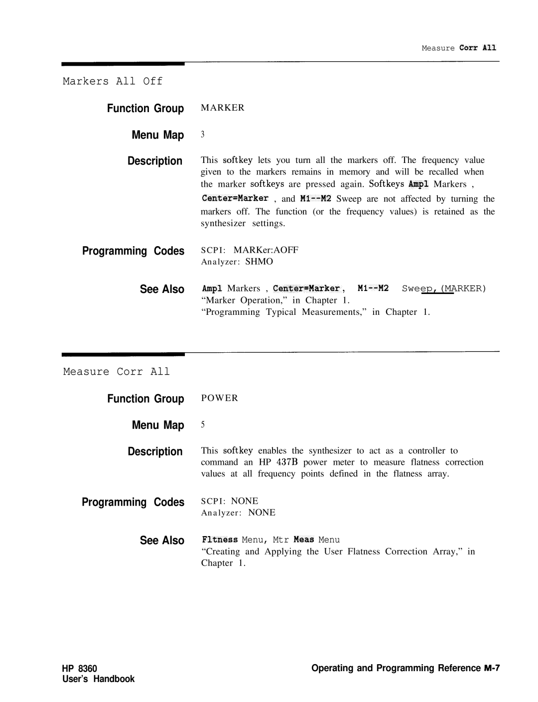 HP 8360 manual Markers All Off, Measure Corr All, Programming Codes Scpi MARKerAOFF 