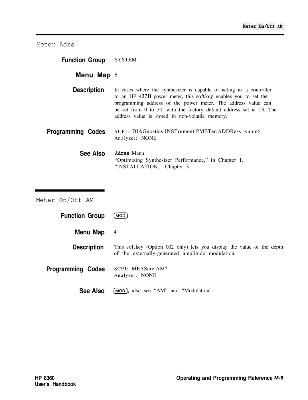 HP 8360 manual Meter Adrs, Meter On/Off AM 