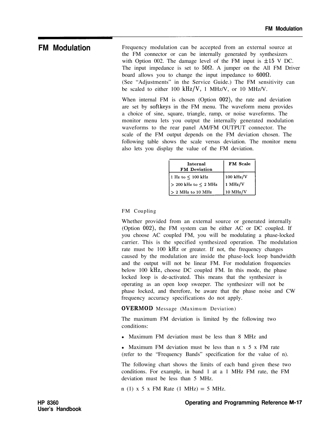 HP 8360 manual User’s Handbook FM Modulation, Operating and Programming Reference M-17 