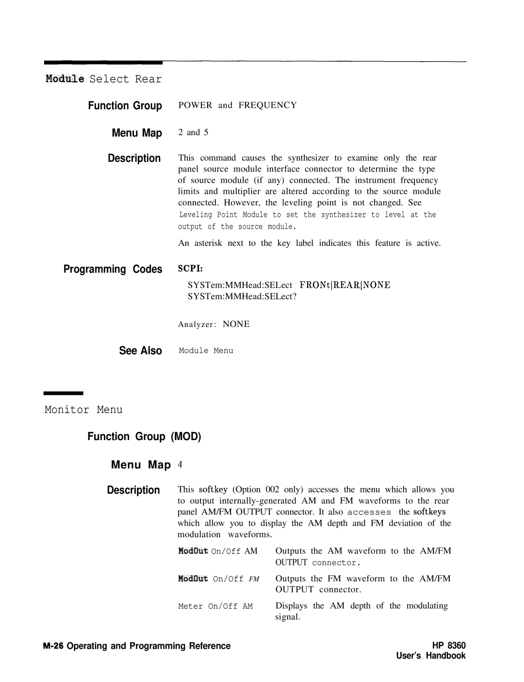 HP 8360 manual Monitor Menu, Mudule Select Rear 