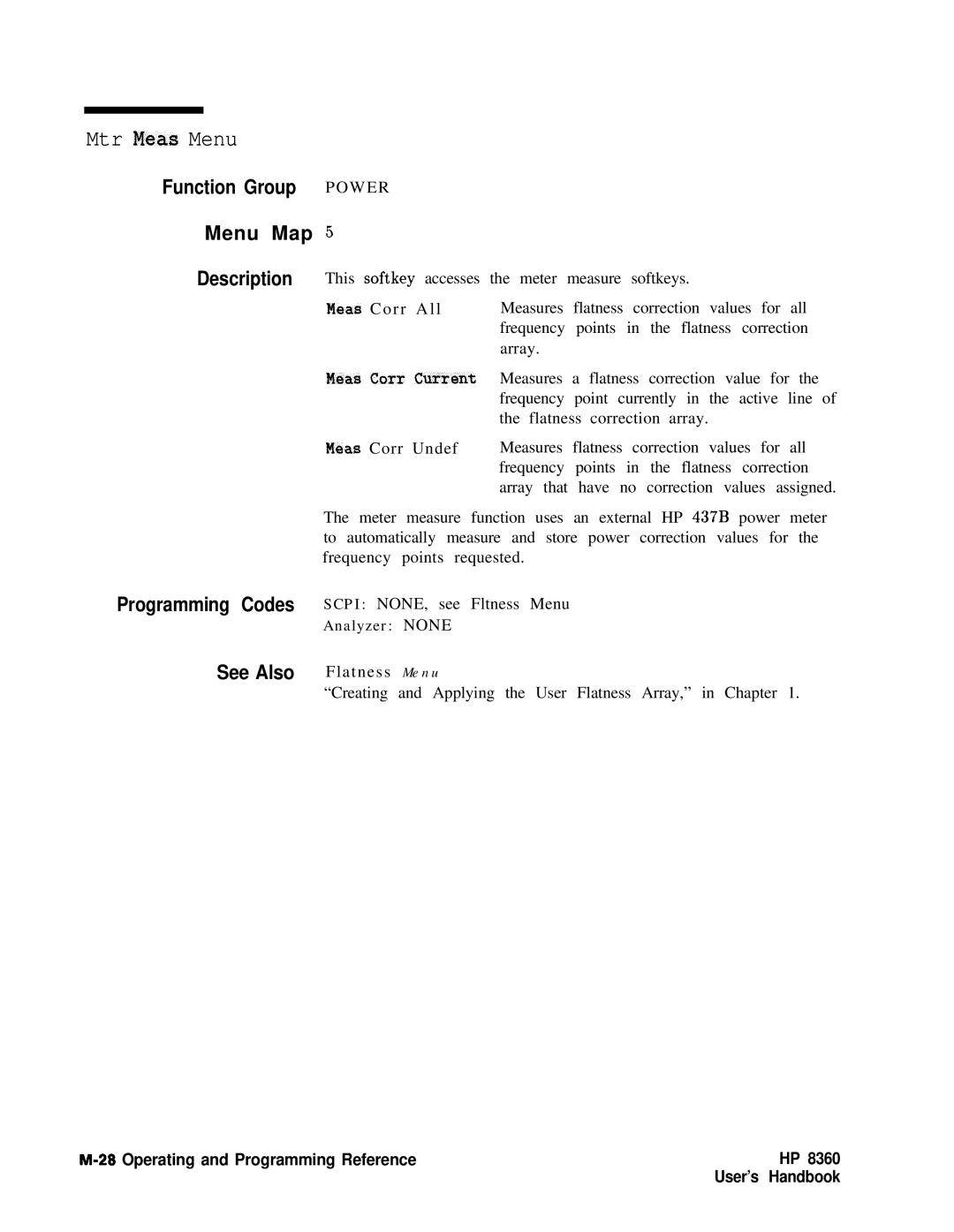 HP 8360 manual Mtr Meas Menu, Function Group P O W E R Menu Map 