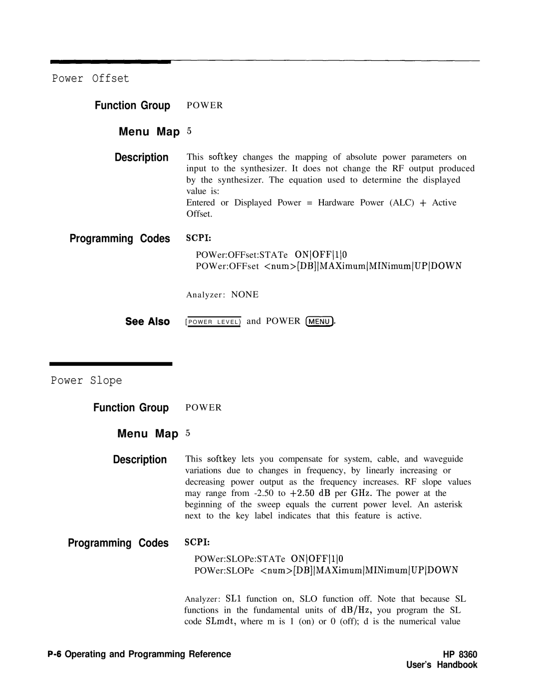 HP 8360 manual Power Offset, Power Slope 