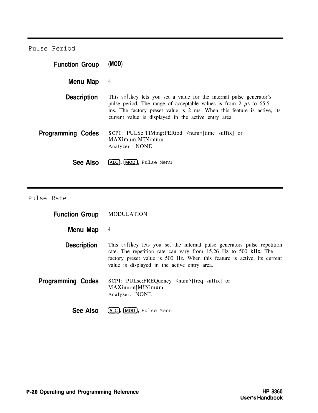 HP 8360 manual Pulse Period, Pulse Rate 