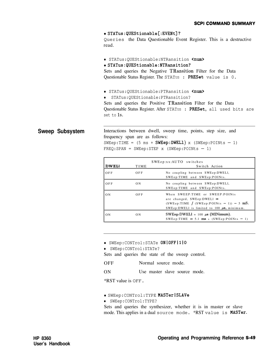 HP 8360 manual Sweep Subsystem, Operating and Programming Reference S-49 