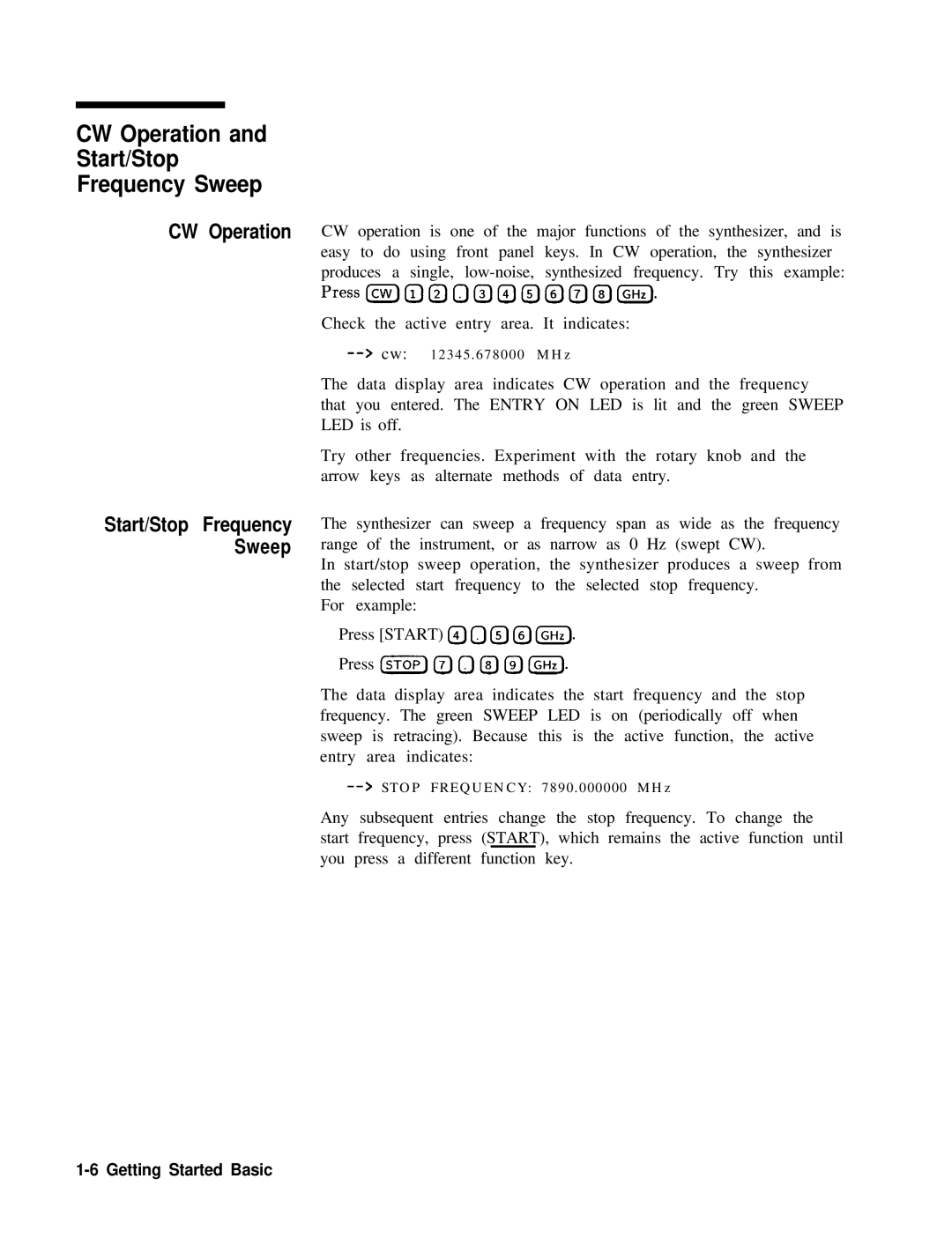 HP 8360 manual CW Operation Start/Stop Frequency Sweep 