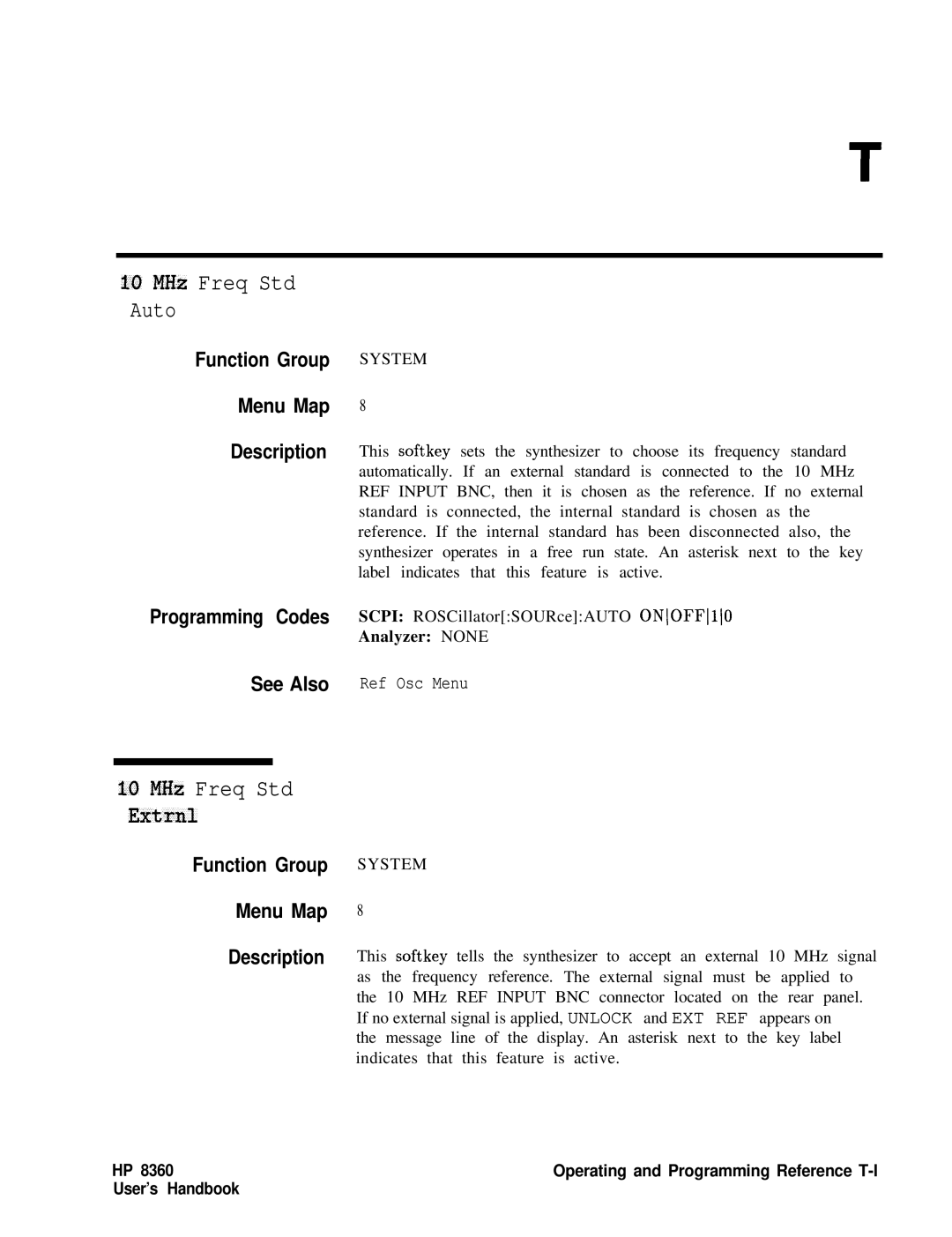 HP 8360 manual MHz Freq Std Auto, MHz Freq Std Extml 