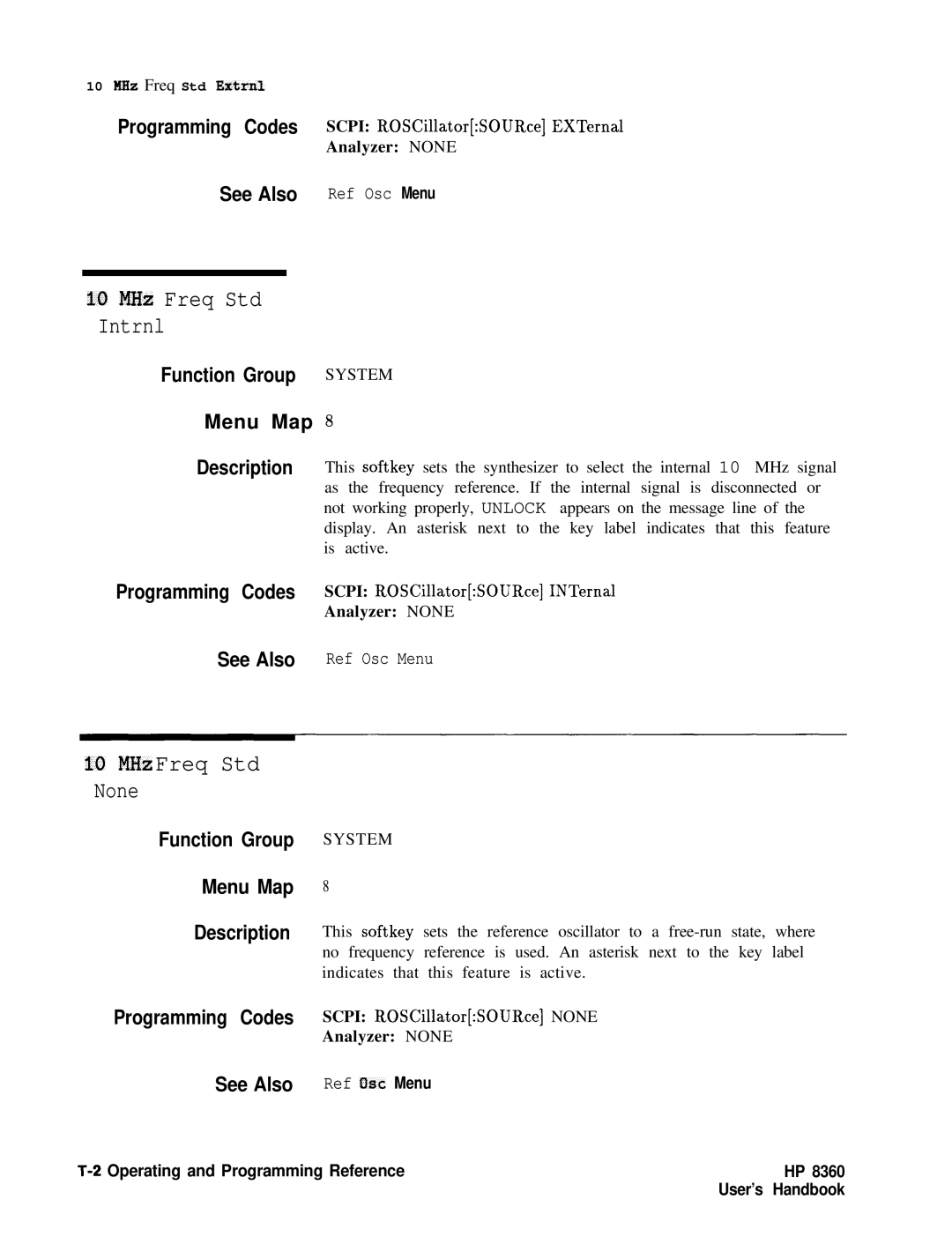 HP 8360 manual MHz Freq Std Intrnl, MHz Freq Std None, See Also Ref Osc Menu, See Also Ref #SC Menu 