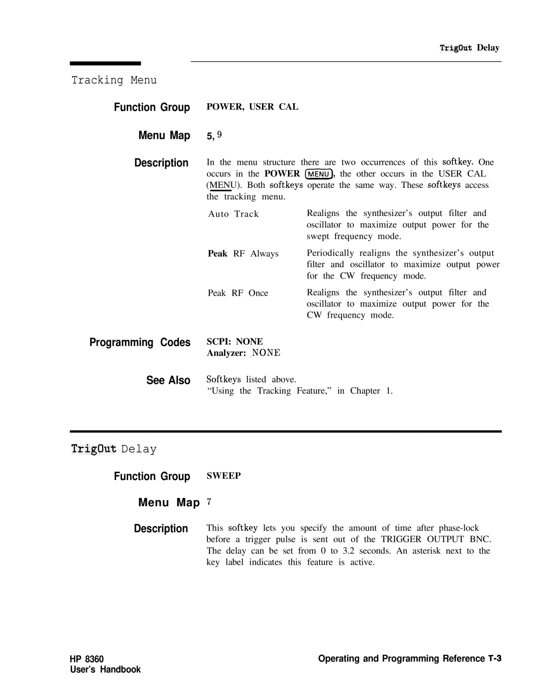 HP 8360 manual Tracking Menu, TrigOut Delay 