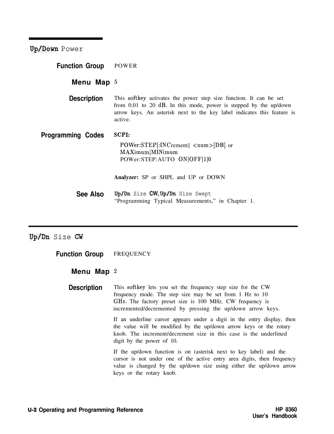 HP 8360 manual Up/Down Power, Up/b Size CV 